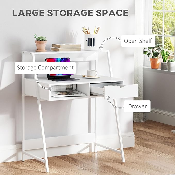 HOMCOM Home Office Desk, Computer Desk with A Frame for Small Spaces, Writing Table with Drawer and Storage Shelves, White-NeatNest