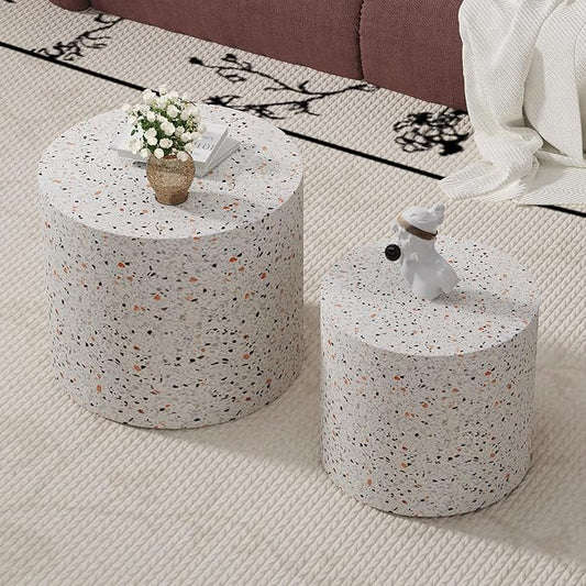 Round Coffee Table Set of 2 Modern Nesting Coffee Tables Wooden Drum Coffee Tables with Non-Slip Feet, Circle Nesting Tables End Table for Living Room Office, No Assembly (Terrazzo 18.11"+14.57")