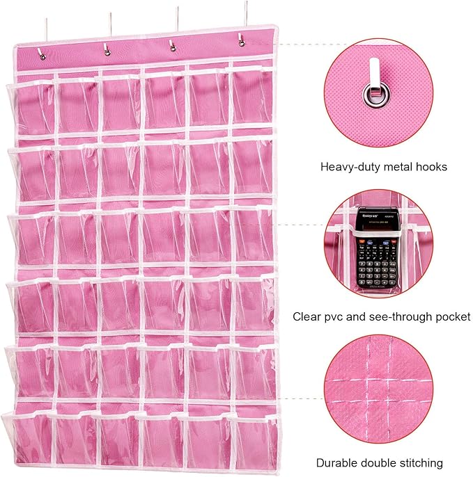 36 Clear Pockets Classroom Pocket Chart for Cell Phones, Pocket Chart Organizer for Calculator Holder with 36 Number Sticker Classroom Hanging Cell Phones Organizer (Pink)-NeatNest