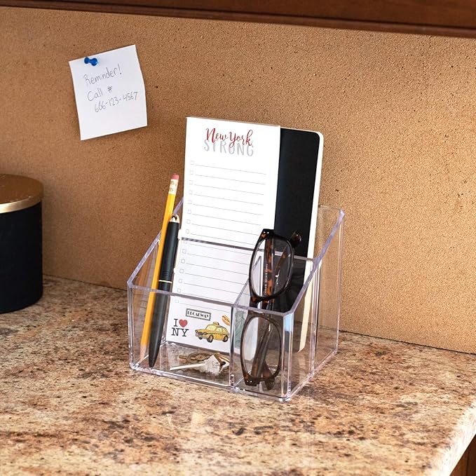Isaac Jacobs Clear Acrylic 3-Compartment Organizer, Remote Holder & Multi-Functional Makeup, Brush, Pen & Pencil Storage Solution, for The Home, Bathroom, Office, Child’s Desk (3-Section, Clear)-NeatNest