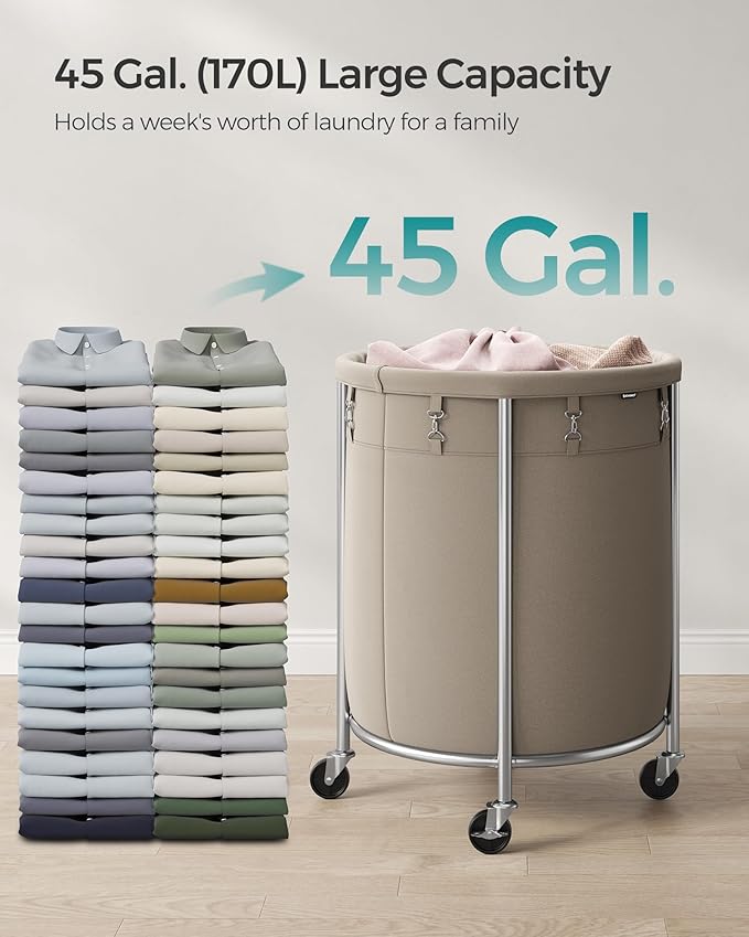 SONGMICS Laundry Basket with Wheels, Rolling Laundry Hamper, 45 Gal., Round Laundry Cart with Steel Frame and Removable Bag, 4 Casters and 2 Brakes, Camel Brown and Metallic Silver URLS001N01