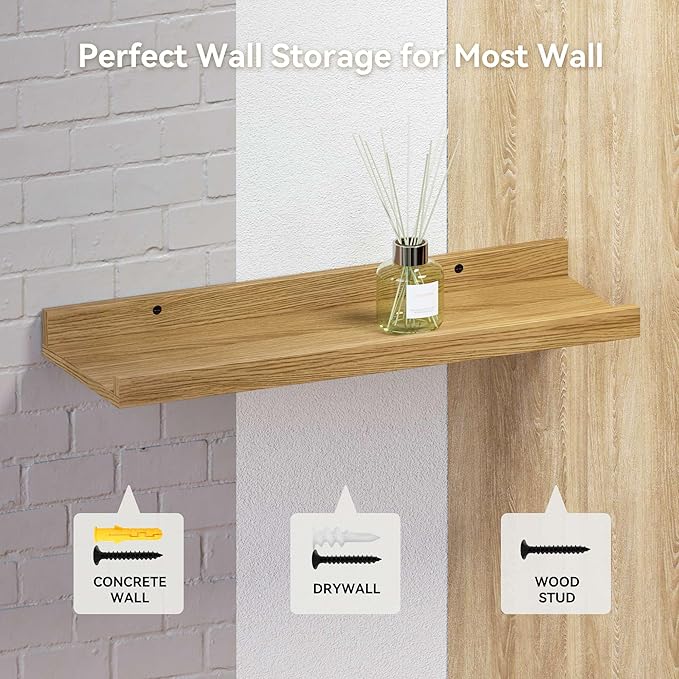 23.6 Inches Long Floating Shelves Wall Mounted, 2 Set Modern Wall Shelf for Bedroom, Nursery Book Shelf with Lip, Picture Ledge Shelf for Wall Decor Living Room Bathroom Kitchen- Oak-NeatNest