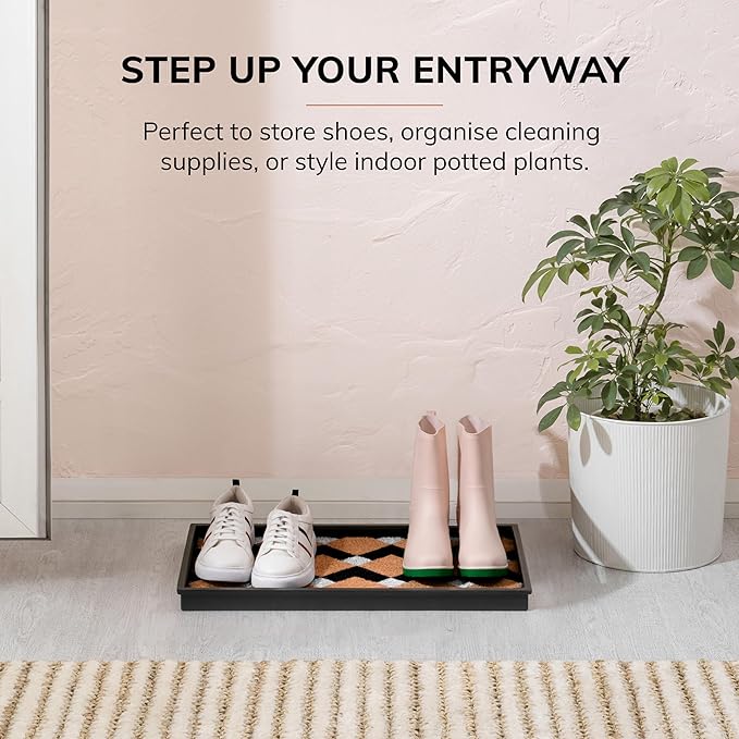 Anji Mountain Heavy Duty Waterproof Rubber Shoe Storage Mat Organizer/Boot Storage Tray Multi Use for Entryway with Coir, Tan and Ivory Insert, Fits 2 Pair (24.5" Wide)