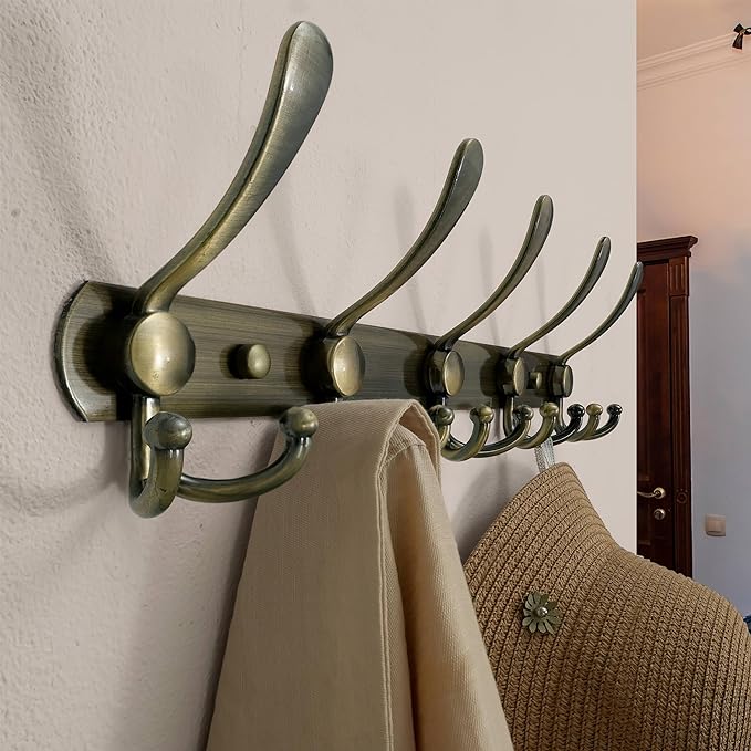 Dseap Wall Mounted Coat Rack - 5 Tri Hooks, Heavy Duty, Stainless Steel, Metal Coat Hook Rail for Coat Hat Towel Purse Robes Mudroom Bathroom Entryway (Bronze, 2 Packs)-NeatNest
