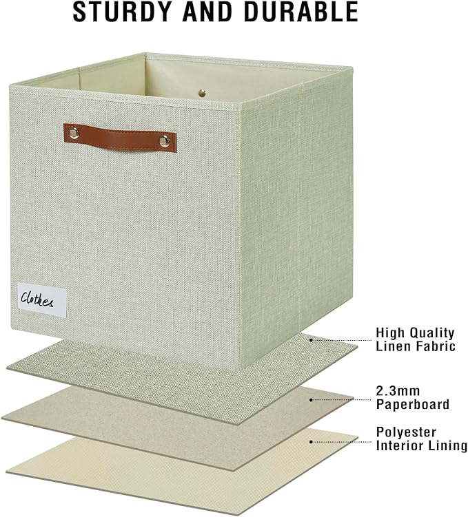 Collapsible Fabric Storage Cube Bins with 2 Reinforced PU Handles, Foldable Storage Organizer Baskets for Closet, Shelves, Living Room | 13"x13"x13", 4 Pack, Sage Green-NeatNest