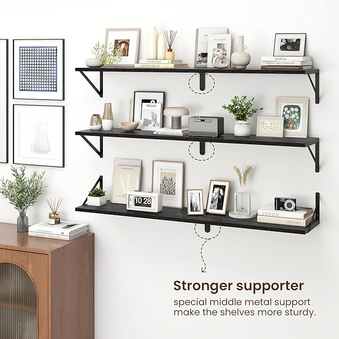 Fun Memories Deep Floating Shelves for Wall, 48W x 8D Wall Mounted Shelves Set of 2, Wide Display Ledge Shelf with Sturdy Metal Brackets for Living Room, Bathroom, Bedroom and Kitchen, Black-NeatNest
