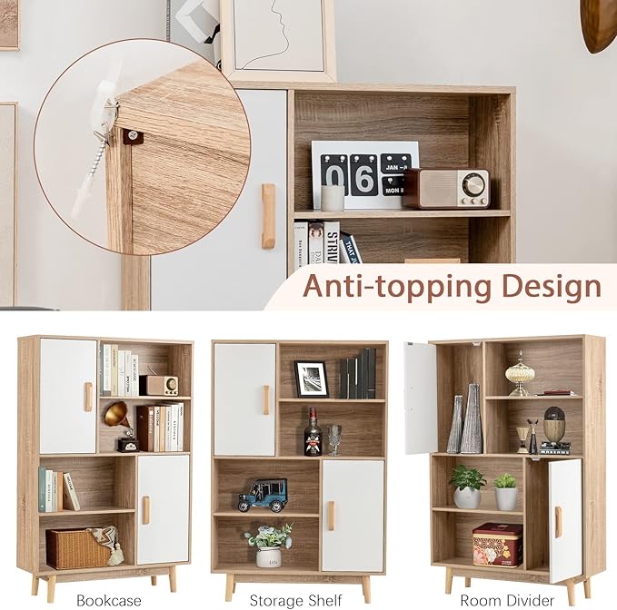 Giantex Storage Cabinet with Legs, Floor Cabinet with Doors, Shelves, Anti-Tipping Device, 4-Tier Bookshelf for Books & Photos, Tall Cupboard in Living Room, Kitchen Buffet Sideboard (White)