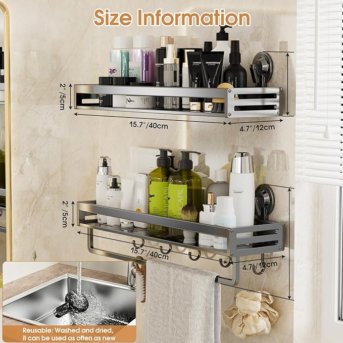 Shower Caddy Suction Cup, 15.7 inch 2 Pack Suction Shower Shelf with Hooks NO-Drilling Bathroom Holder, Rustproof Bathroom Organizer, Dark Grey