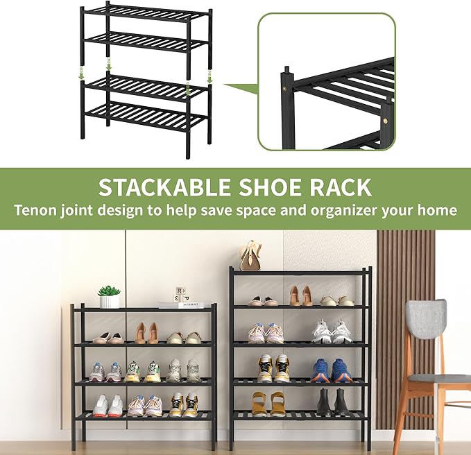 5 Tier Bamboo Shoe Rack for Closet Free Standing Wood Shoe Shelf for Entryway Small Space Stackable 27"x11"x33" (Black)-NeatNest