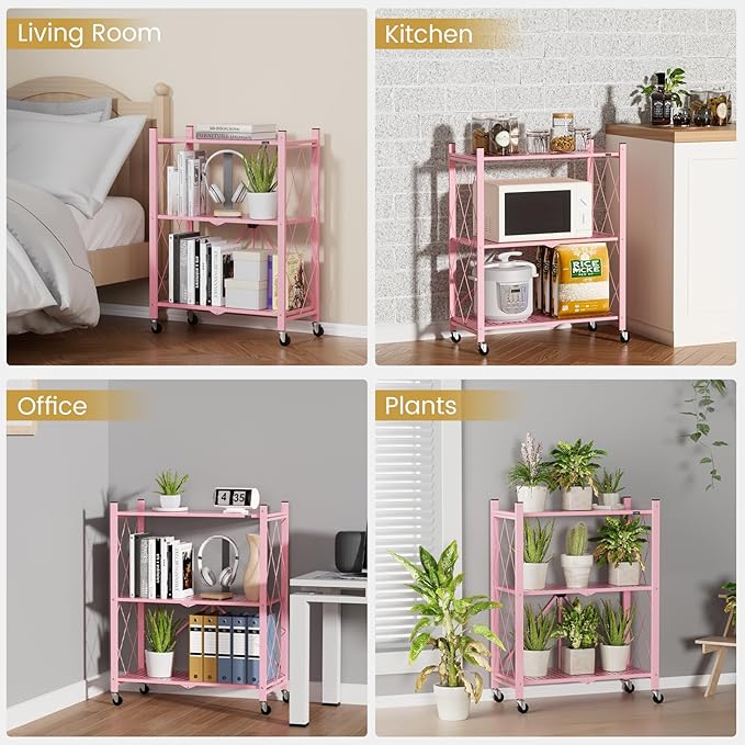 ALANNG Storage Shelves with Wheels, Bookshelf with Storage, No Assembly Metal Rack Shelf for Kitchen, Office, Laundry, Garage (3 Tier, Pink)