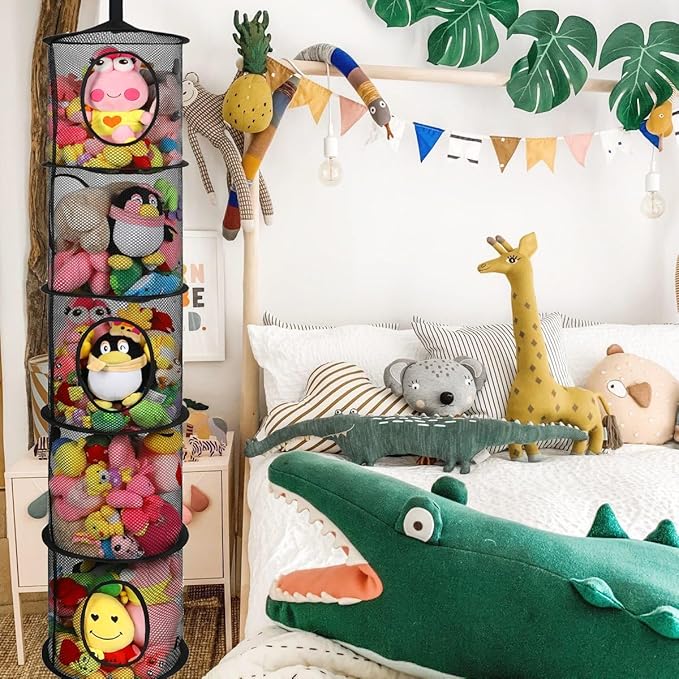 Hanging Net for Stuffed Animals, Foldable Storage Organizer 5 Compartments Toy Storage Organizer for Kid Room Toys, Gloves,Hats,Socks Storage（Black）-NeatNest