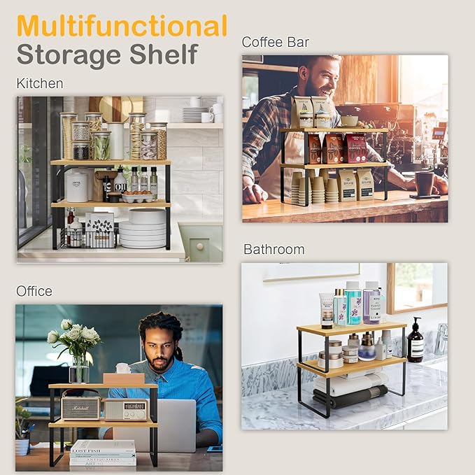 Cabinet Shelf Organizers, 15.7 inches Large Kitchen Counter Shelf, Set of 4 Wood Kitchen Pantry Organizer, Storage Shelves for Countertop, Spice Rack, Stackable, Expandable, Metal Black, Nature-NeatNest