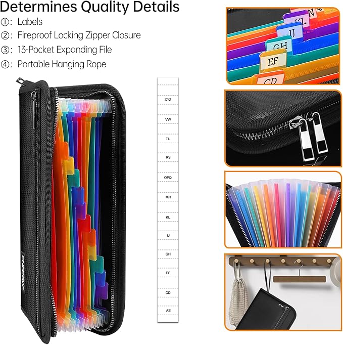 ENGPOW Receipt Coupon Organizer,Fireproof 13 Pockets Expanding File Folder Small Accordian File Organizer,Portable Filing Wallet Holder with Zipper & Labels for A5 Size Files and More(11.4" x 6.7")