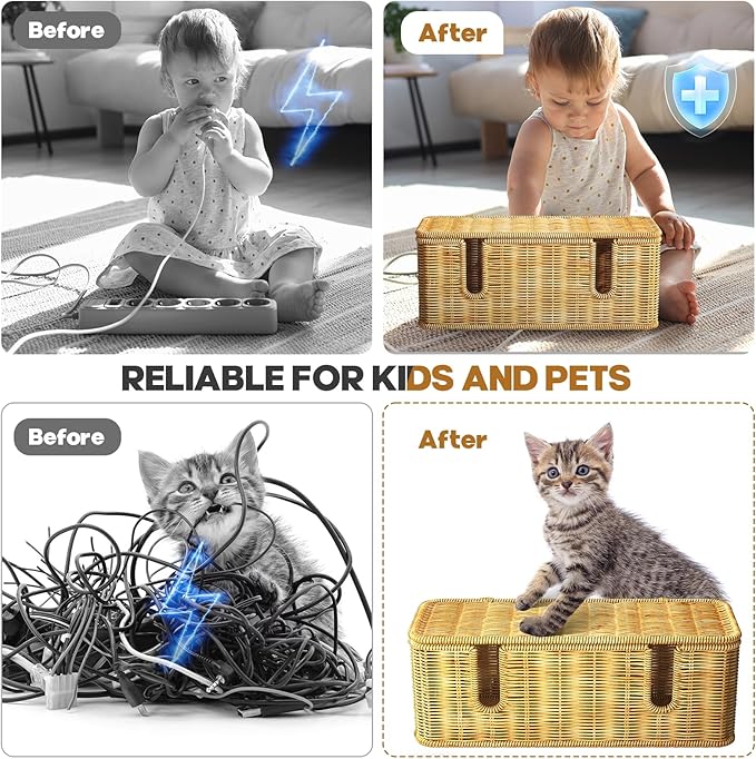 Cable Management Box,2 Open Slots Cord Organizer Hider Box with Lid,2 Pack Handwoven Imitation Rattan Cable Organizer Box for TV Wire Computer Router & Power Strip-B Style(Light Brown)