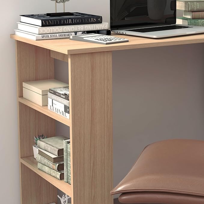 HOMCOM L Shaped Corner Desk, 360 Degree Rotating Home Office Desk with Storage Shelves, Writing Table Workstation, Maple-NeatNest