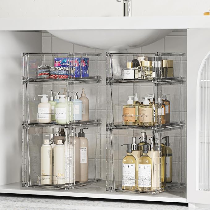 Vtopmart 3 Pack Clear Stackable Storage Drawers,Easy to Assemble Bathroom Organizers and Storage with handles,Plastic Drawers for Kitchen Pantry,Cabinet,Under Sink Organization-NeatNest