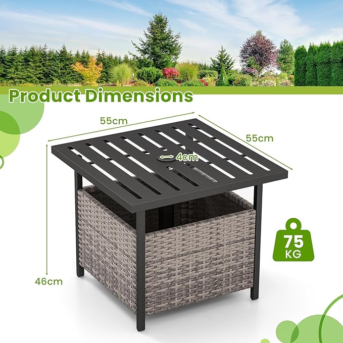 Patio Side Table with Umbrella Hole, 22" Rattan Wicker Umbrella Stand Table, Outdoor End Table for Patio, Garden, Poolside & Yard (Mix Gray)