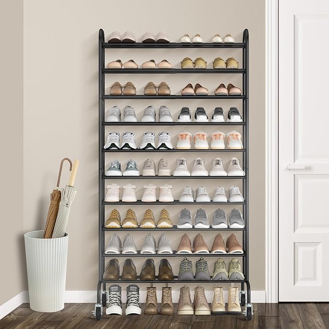 STORAGE MANIAC Expandable Shoe Rack, 44 Pairs Stackable Small Shoe Rack, Metal Adjustable Shoes Organizer for Closet, Entryway, Hallway, Garage, Front Door, Shoes Shelves, Black 10 Tier-NeatNest