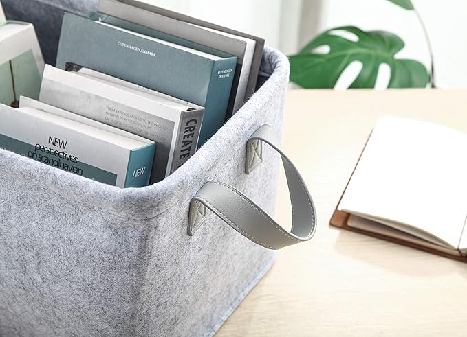 Collapsible Storage Bins Foldable Felt Fabric Storage Basket Organizer Boxes Containers with Handles PU Handles for Nursery Toys,Kids Room,Clothes,Towels,Magazine (PU-Light grey, 15.9L×11W×9.8H)-NeatNest