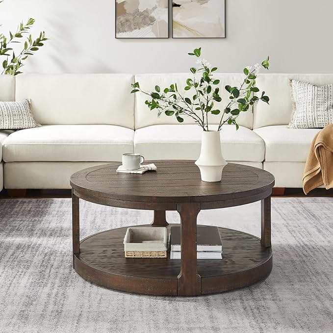 Coffee Table Round Wood Brown 40" Coffee Tables for Living Room Modern Circle Center 2-Tier Solid Desktop Minimalistic Design Accent with Shelf Storage Home Furniture Apartment Office Easy to Assemble-NeatNest