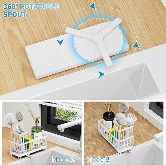 Cisily White Sponge Holder for Kitchen Sink, Sink Caddy Organizer with High Brush Holder, Kitchen Countertop Organizers and Storage Essentials, Rustproof 304 Stainless Steel, Soap Dispenser Organize-NeatNest