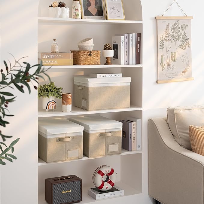 GRANNY SAYS Storage Bins with Lids, Linen Storage Bins, Storage Bins for Shelves, Decorative Storage Boxes, Clothes Storage and Organization for Organizing, 3-Pack, Jumbo, Khaki&Ivory-NeatNest