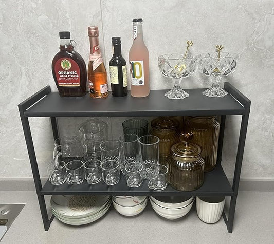 2 Tier Expandable Cabinet Shelf Organizer 14.5-25" L Kitchen Counter Shelf Rack Stand Sink Riser Countertop Storage Black (Normal 7.9”D)-NeatNest