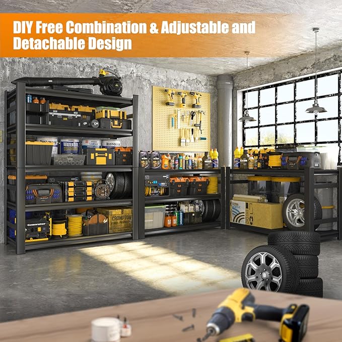 72" H Garage Shelving 3000LBS Heavy Duty Shelving Units and Storage Shelves Adjustable 5 Tier Metal Industrial Shelving for Kitchen,Utility Room and Basement,Black (16" D*36" W*72" H)