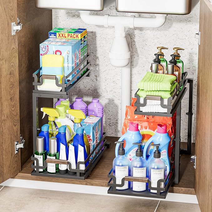 Under Sink Organizers, 2 Tier Slide Out Under Sink Organizers, Under Sink Storage for Bathroom Kitchen (1 Pack)-NeatNest
