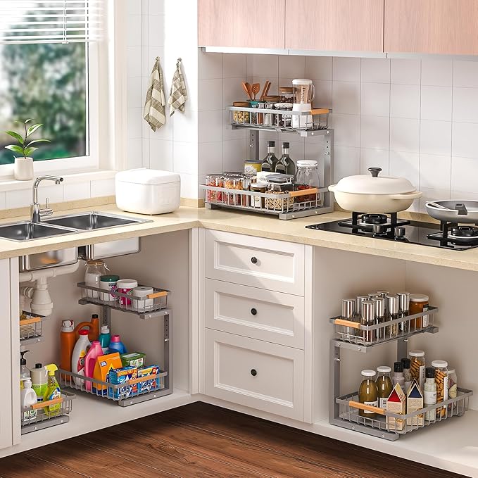 Under Sink Organizer Storage 2 Pack, 2 Tier Slide Out Height Adjustable Pull Out Cabinet Organizer Drawer for Kitchen Bathroom Large Under Sink Shelf Rack Caddy for Pantry, Grey-NeatNest
