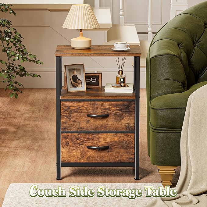 Huuger Night Stand with 2 Drawers, Bed Side Table with Open Shelf, Wooden Top, Nightstand for Bedroom, End Table for Small Space, Fabric Drawer, Rustic Brown