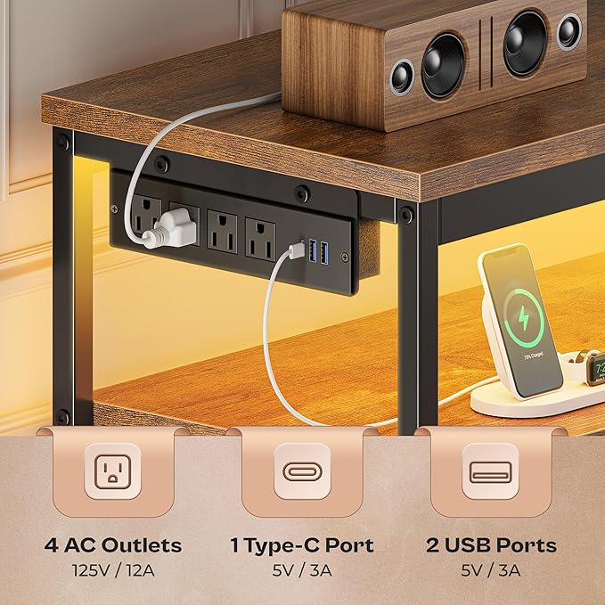 Huuger LED TV Stand for Bedroom, 55 Inch Fabric Dresser with Power Outlets, Entertainment Center for 60, 55 Inch TV, 6 Drawer Dresser for Bedroom, Chest of Drawers with Shlef, PU Leather, Rustic Brown-NeatNest