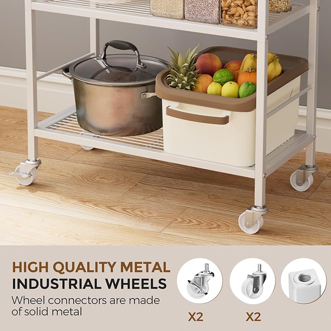 3-Tier Metal Storage Rack with Industrial Wheels,Mesh Shelving Unit with Wooden Table top,Adjustable Shelf,23.6-Inch Width,for Kitchen,Laundry,Pantry,Plant,Oak Panel and White Frame