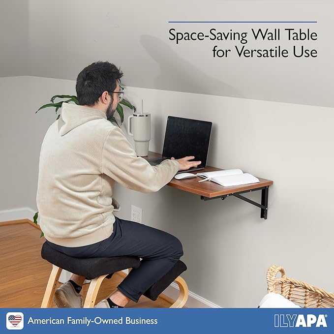 Iyapa Wall Mounted Folding Table - 16x40 Wood Floating Desk for Wall, Laundry Folding Table - 1.5 inch Fold Down Wall Desk for Small Spaces - Mahogany