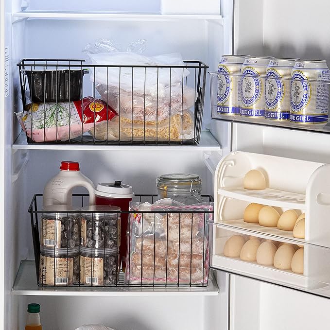 16inch Freezer Wire Storage Organizer Baskets, Household Refrigerator Bin with Built-in Handles for Cabinet, Pantry, Closet, Bedroom
