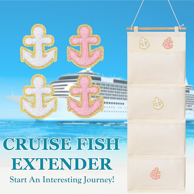 Fish Extender Cruise Gift Hanging Organizer with 4 Pockets and 4 Pcs Iron on Anchor Patches Cabin Door Hanger Storage Bag 2025 FE for Exchange Gifts and Pixie Dusting(Beige, Pink, White)-NeatNest