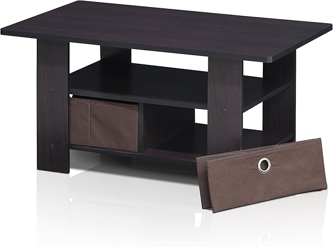 Furinno Andrey Coffee Table with Bin Drawer, Dark Walnut-NeatNest