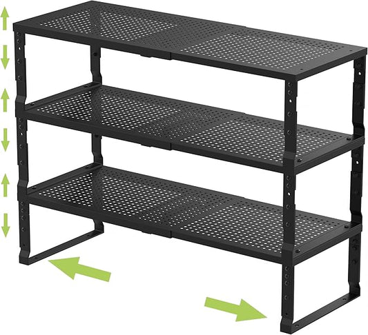 Expandable Adjustable Stackable Kitchen Organizer, Spice Rack,Metal Pantry Storage Shelves Racks,Counter Shelf for Cabinets, Countertop, Cupboard(3 Packs/Medium/Black)-NeatNest