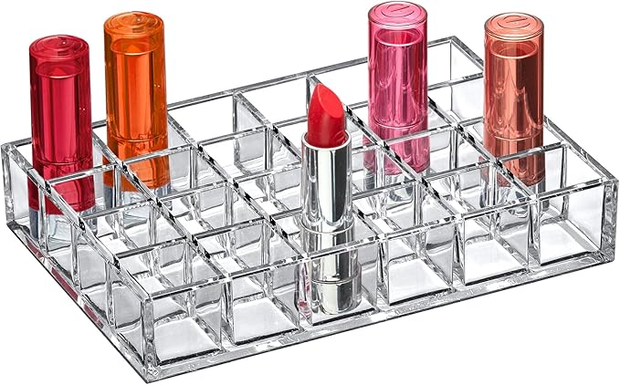 Amazing Abby - Allure - 24-Slot Acrylic Lipstick Organizer, Lipstick Holder, Lip Gloss Holder, Cosmetic Storage Display, Perfect Storage Solution for Drawer and Vanity (Slot Size: 1.0" x 1.0")-NeatNest