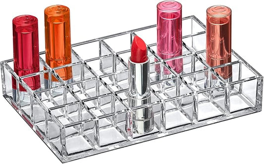 Amazing Abby - Allure - 24-Slot Acrylic Lipstick Organizer, Lipstick Holder, Lip Gloss Holder, Cosmetic Storage Display, Perfect Storage Solution for Drawer and Vanity (Slot Size: 1.0" x 1.0")-NeatNest
