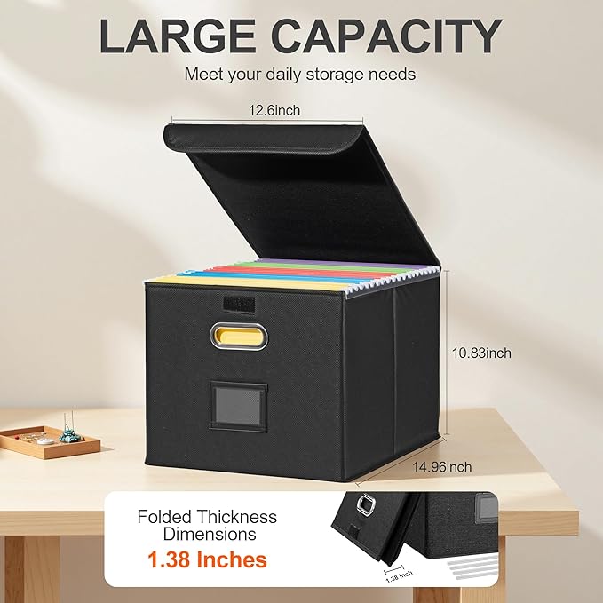 File Organizer Box, Linen Filing Organizer with Lid, Large Desktop File Boxes, Black,2 Pack