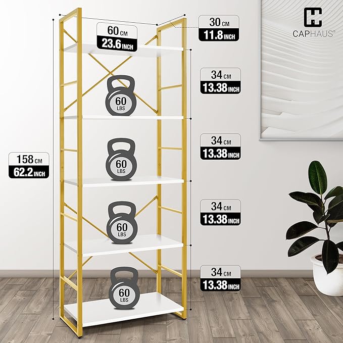 CAPHAUS 5 Tier Bookshelf, 24 Inch Width Free Standing Shelf, Bookcase Shelf Storage Organizer, Industrial Book Shelves for Home Office, Living Room, Kitchen, White Wooden Shelves & Gold Frame-NeatNest
