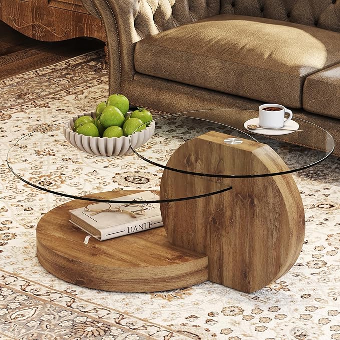 Glass Coffee Tables for Living Room Round Coffee Tables Modern Double Layer Round Table Circle Coffee Table for Small Space Home Office (42 Inch Dark Wood)