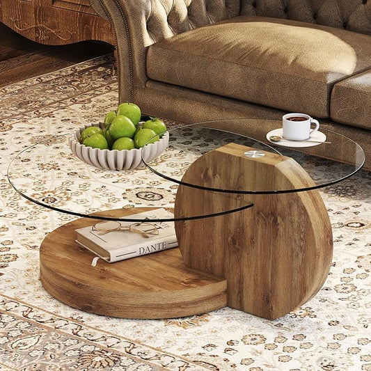 Glass Coffee Tables for Living Room Round Coffee Tables Modern Double Layer Round Table Circle Coffee Table for Small Space Home Office (42 Inch Dark Wood)