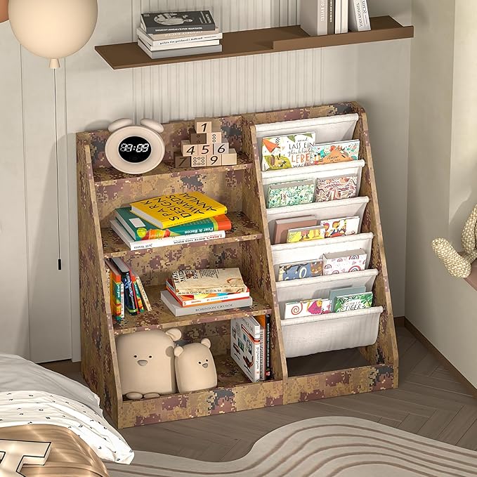 4 Tier Kids Bookshelf Wooden, Five Layer Sling Children Bookcase, Baby Toddler Storage Book Rack, Book and Toy Organizer Cabinet Chest, Book Display Shelf Stand, Playroom Nursery Classroom Library