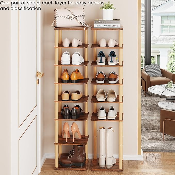LUCKNOCK Vertical Shoe Rack, 8-Tier Tall Narrow Shoe Organizer for Entryway, Closet, Dorm & Small Spaces, Freestanding Wooden Shoe Shelf Tower for Boots, Sneakers, Heels. (Rustic Brown)-NeatNest