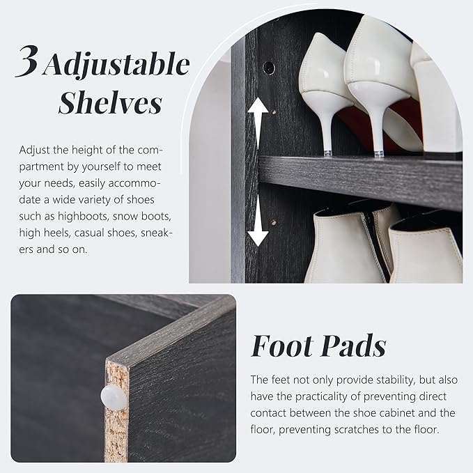 67" Tall Arched Shoe Storage Cabinet, 8-Tier Wooden Rack with 3 Adjustable Shelves, Freestanding Closet Shelf Organizer for Entryway, Hallway, Living Room (Dark Grey)-NeatNest
