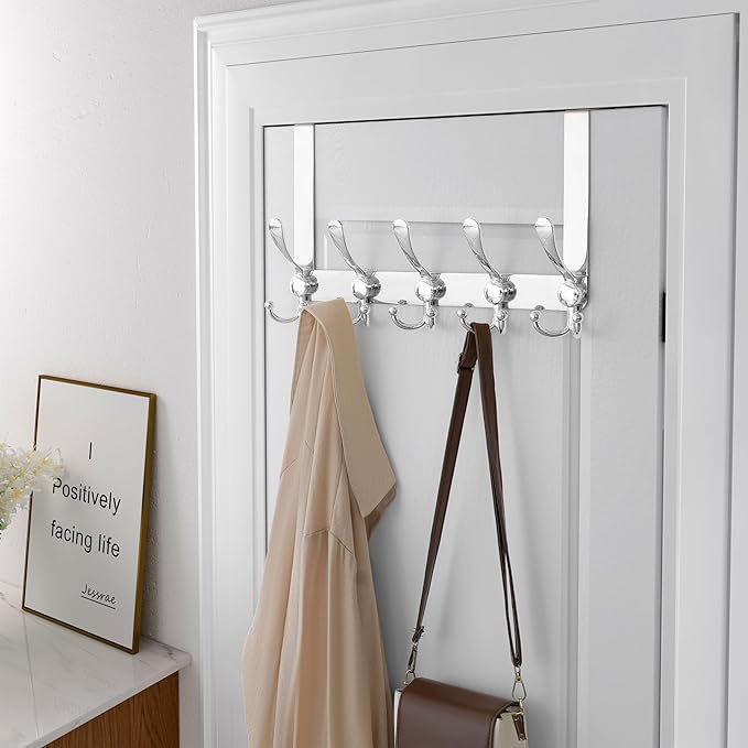 Dseap Over Door Hook 2.0 - Upgraded Version - Simple-Assembly, Strong, Heavy-Duty Stainless Steel 5-Tri-Hook Over The Door Hanger Rack, SimpleStrong Series, Chromed, Pack of 2