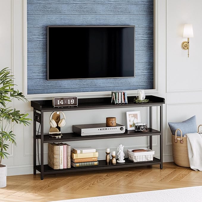 IRONCK Console Table, Sofa Table with Power Outlet, Farmhouse Hallway Table for Entryway, Living Room, Height Adjustable, Easy Assembly, Vintage Black,55"-NeatNest