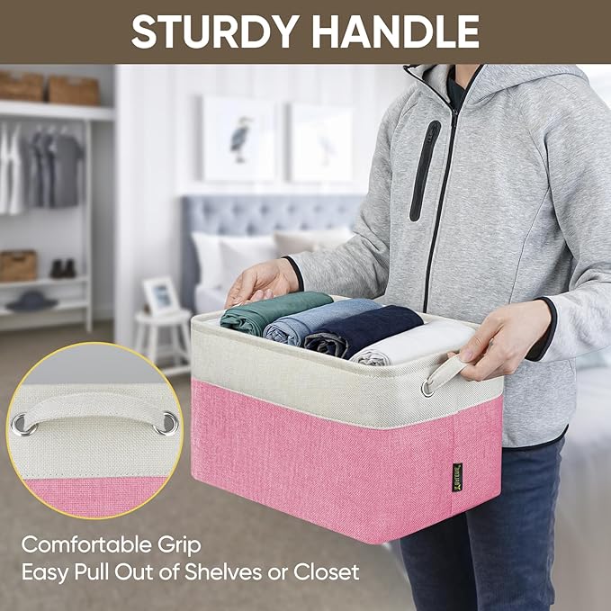 BALEINE 1 Pack Fabric Storage Bins for Shelves, Linen Storage Baskets for Organizing, Decorative Closet Bins for Clothes, Home (Pink, 15''x11''x9.5'')-NeatNest